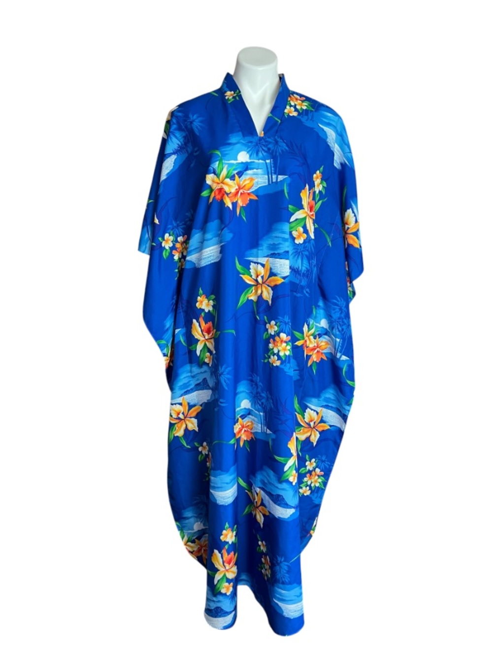 Vibrant Blue Floral Maxi Kaftan Dress - Tropical Print Vintage Sweetheart Satin